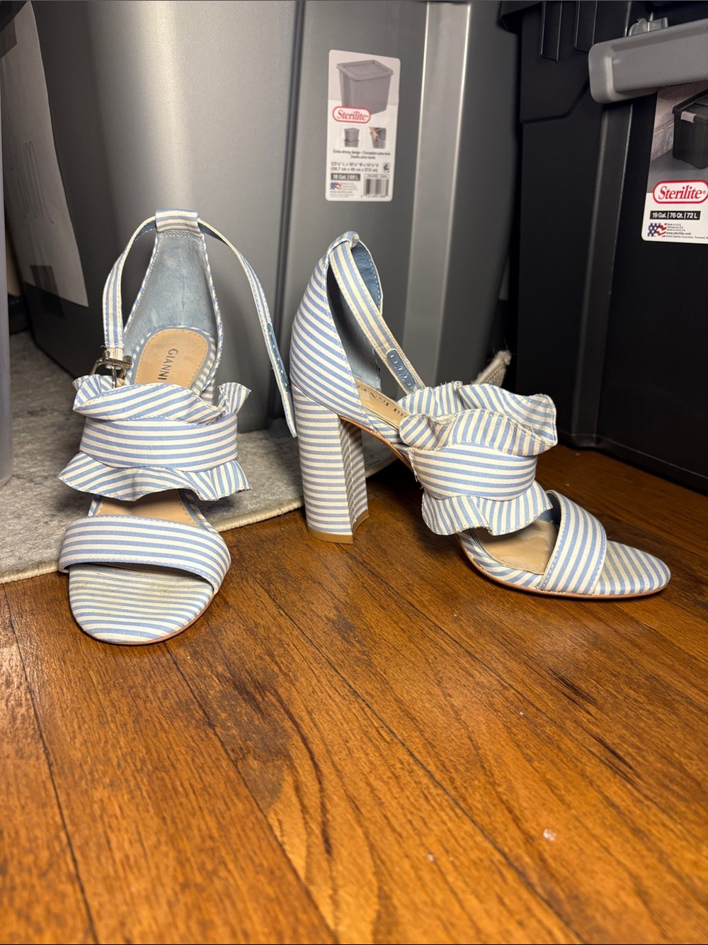 Gianni Bini Blue & White Striped Ruffle Block Heel Sandals